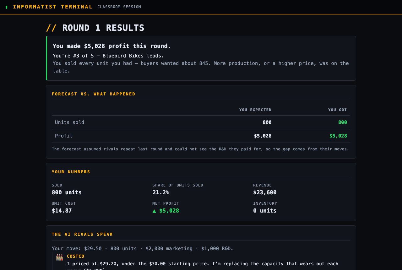 Round results: profit, rank, the cause of the result, forecast versus actual, and each AI rival's explanation.