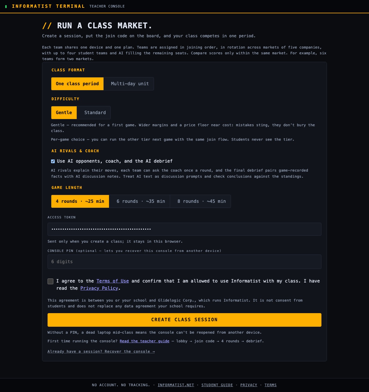 The create screen: class format, difficulty, AI rivals and coach, game length, the access token field filled by your link, the Console PIN field, the Terms of Use box and the Create class session button.